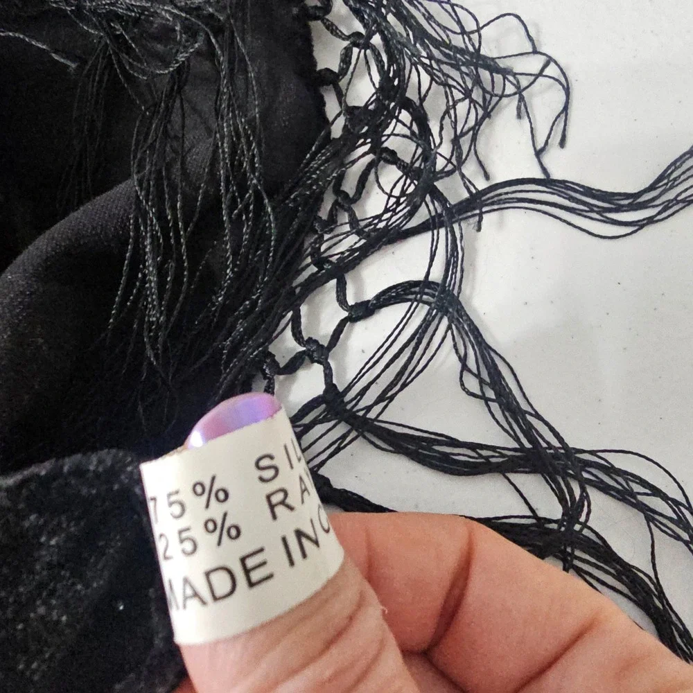 Silk Velvet Burnout Shawl Scarf OS Black Red Gothic Art Deco Flapper Fringe